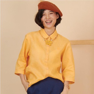 C&amp;D Linen Shirt เสื้อเชิ้ตปกบัว แขนสามส่วน สีเหลือง เนื้อผ้าลินินพรีเมี่ยม ซี แอนด์ ดี (CS56YE)
