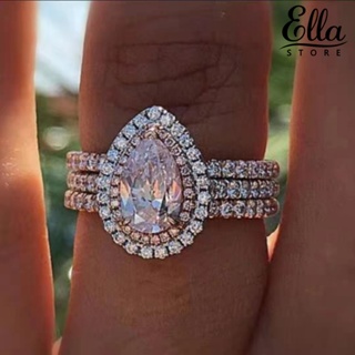 Ellastore123 แหวนแต่งงาน ทรงหยดน้ํา สามชั้น ประดับคริสตัลเทียม หรูหรา สําหรับงานพรอม