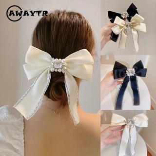 Awaytr กิ๊บติดผม ประดับโบ ไข่มุก พลอยเทียม สีพื้น เรียบง่าย สําหรับผู้หญิง