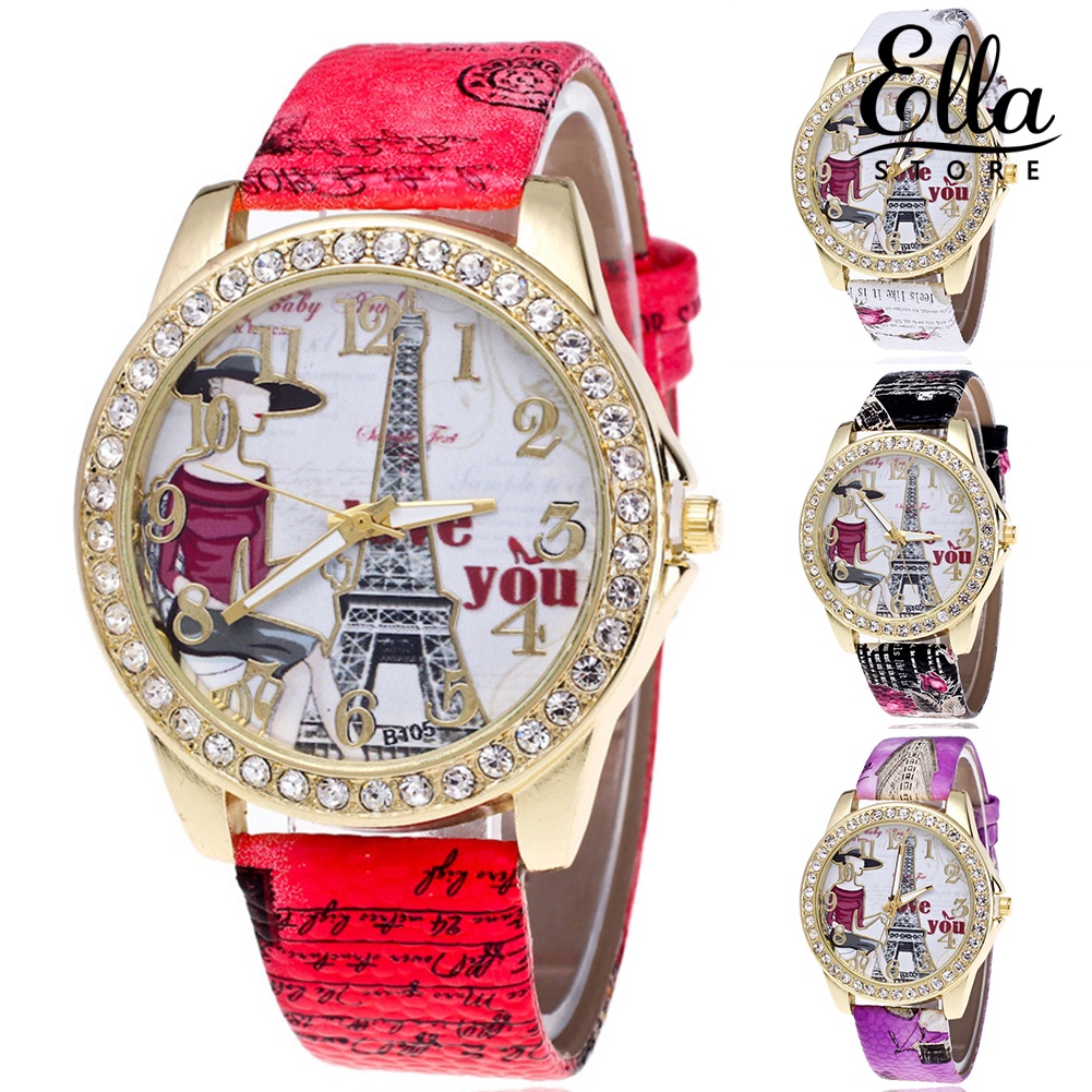 ellastore123-นาฬิกาข้อมือควอตซ์-อะนาล็อก-หน้าปัดทรงกลม-ฝังพลอยเทียม-ตัวเลขอาหรับ-สําหรับผู้หญิง
