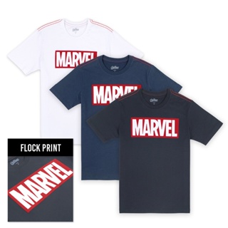 Marvel Men logo Flock Print Micro Brush T-Shirt - เสื้อมาร์เวลผู้ชายพิมพ์กำมะหยี่ ผ้าไมโครบรัช สินค้าลิขสิทธ์แท้100% characters studio