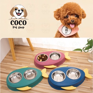 cocopet_shop🌈ชามคู่สแตนเลสรูปปลา 2 ช่อง 2IN1 ที่ให้อาหารและน้ำของสัตว์เลี้ยง ชามใส่อาหารสัตว์ ชามอาหารแมว ชามอาหารหมา