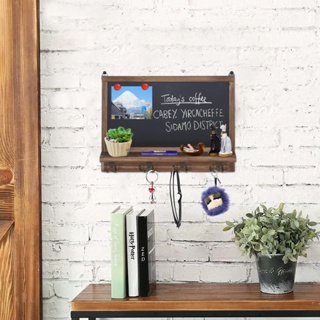ติดผนังกระดานดำ Wood Framed Chalkboard Sign with Storage Display Shelf  and Key Holder Hooks for Entryway Coffee Shop