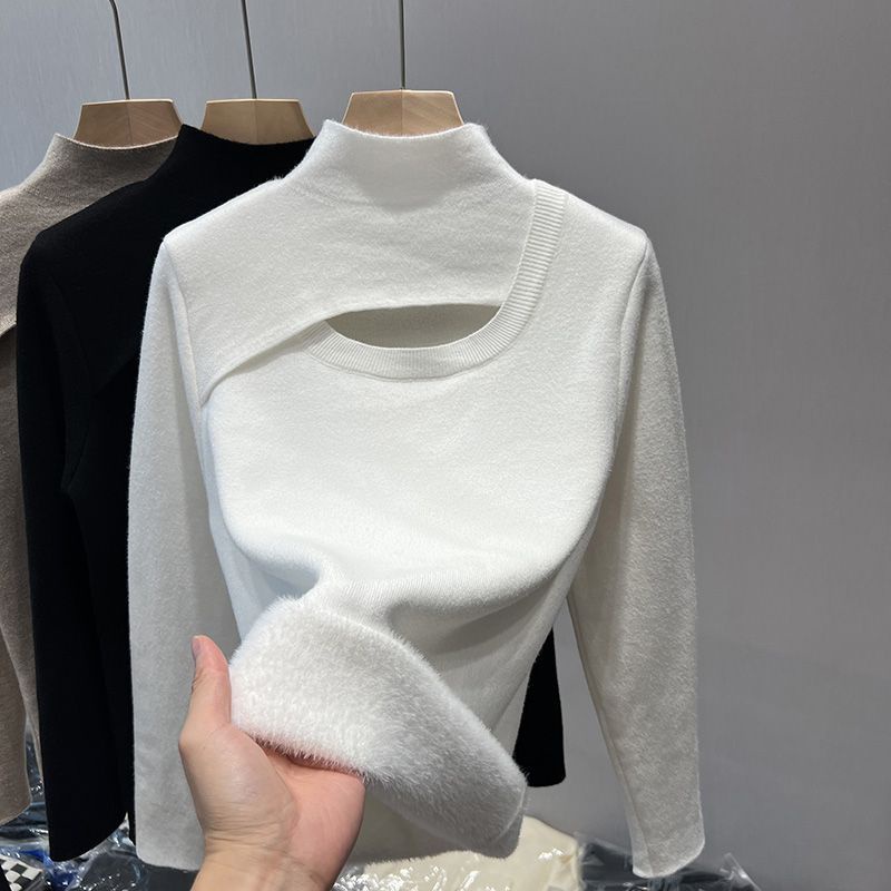 coatsweater-เสื้อกันหนาวสาวอวบอ้วน-เสื้อสเวตเตอร์คอสูงครึ่งตัวบุขนกำมะหยี่หนาพิเศษสำหรับฤดูใบไม้ร่วงและฤดูหนาว2022คุณภาพสูงเสื้อตัวในกำมะหยี่หนาพิเศษสำหรับผู้หญิง