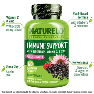 NATURELO, Immune Support with Elderberry, Vitamin C &amp; Zinc plus Echinacea, 60 Vegetarian Capsules