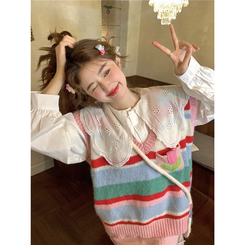 พร้อมส่ง-rainbow-cute-sweater-c3680-เสื้อสเวตเตอร์-เสื้อกันหนาว-เสื้อกันหนาวสไตล์เกาหลี-เสื้อกันหนาวมินิมอล