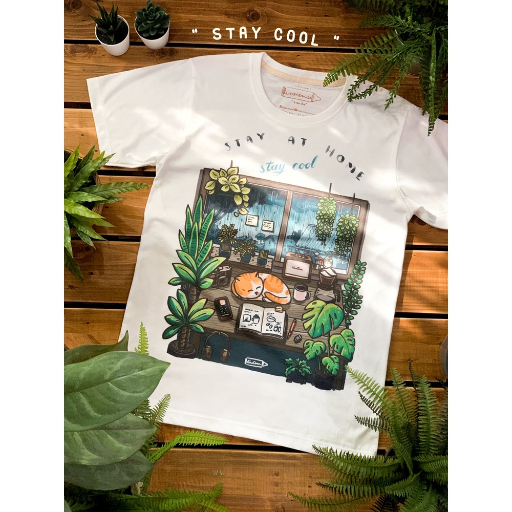 stay-at-home-stay-cool-t-shirt-black-ver-เสื้อยืด-สีดำ-premium-cotton-ลายแมวกับต้นไม้