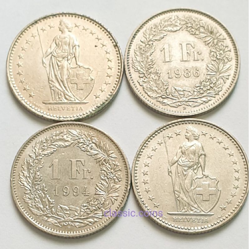 เหรียญ-1-franc-switzerland-ชุด-4-เหรียญ-helvetia-1986-1991-1994