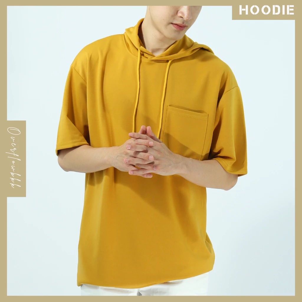 เสื้อยืดหมวกแขนสั้น ฮู้ดดี้ เสื้อแขนสั้น สีพื้น BASIC Hoodie สีกรมท่า แดง ดำ ขาว เขียว ชมพู มัสตาร์ด