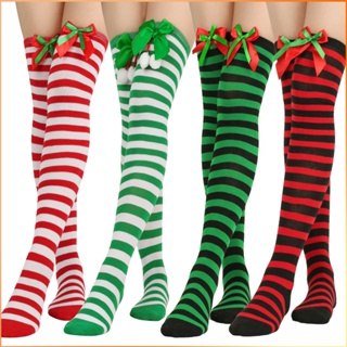 คริสต์มาสสีเขียวสีแดงถุงน่องลายเหนือเข่ากุทัณฑ์ถุงเท้ายาว-FE