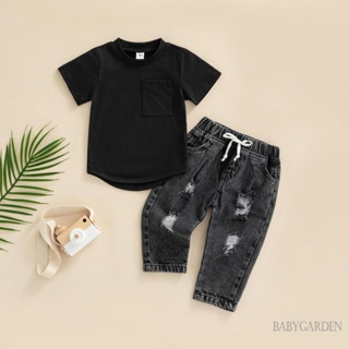 Babygarden- เสื้อยืดคอกลม แขนสั้น และกางเกงยีนขาด สีพื้น สําหรับเด็กผู้ชาย อายุ 6 เดือน - 3 ปี 2 ชิ้น