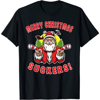 T-Shirt  เสื้อยืดผ้าฝ้ายพิมพ์ลาย Merry Christmas Suckers ซานตาคลอสสําหรับผู้ชาย ชุดคริสต์มาสใหม่