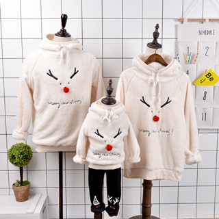 Christmas/เสื้อกันหนาว มีฮู้ด ปักลายกวาง สีแดง สไตล์คริสต์มาส ให้ความอบอุ่น แฟชั่นฤดูใบไม้ร่วง และฤดูหนาว สําหรับครอบครัว/เสื้อแขนยาว/ เสื้อเวคเตอร์