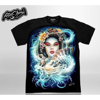 Rock chang T-shirt 3D154 ลายเกอิชาเสื้อยืด(เรืองแสง)ผู้ชาย(ไซส์ยุโรป)ลายหน้า-หลัง แขนสั้นT-shirtTEE