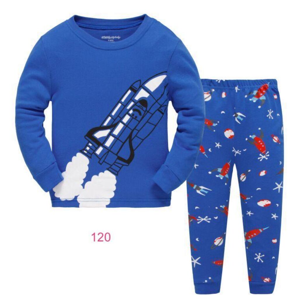 l-fab-120-ชุดนอนเด็กชาย-แนวเข้ารูป-slim-fit-ผ้า-cotton-100-เนื้อบาง-สีฟ้า-ลายจรวด