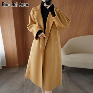 สินค้า RUO BEI XUAN เสื้อโค้ทผู้หญิงยาวถึงเข่าหลวมโค้ทขนสัตว์สีทึบขนาดใหญ่