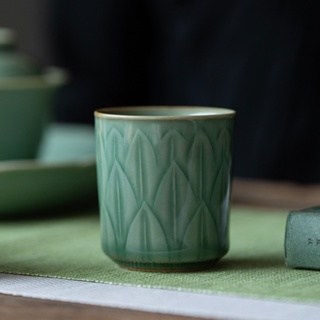 Yue Kiln Celadon ถ้วยชาเซรามิค ลายนูน ขนาดใหญ่ [A009]