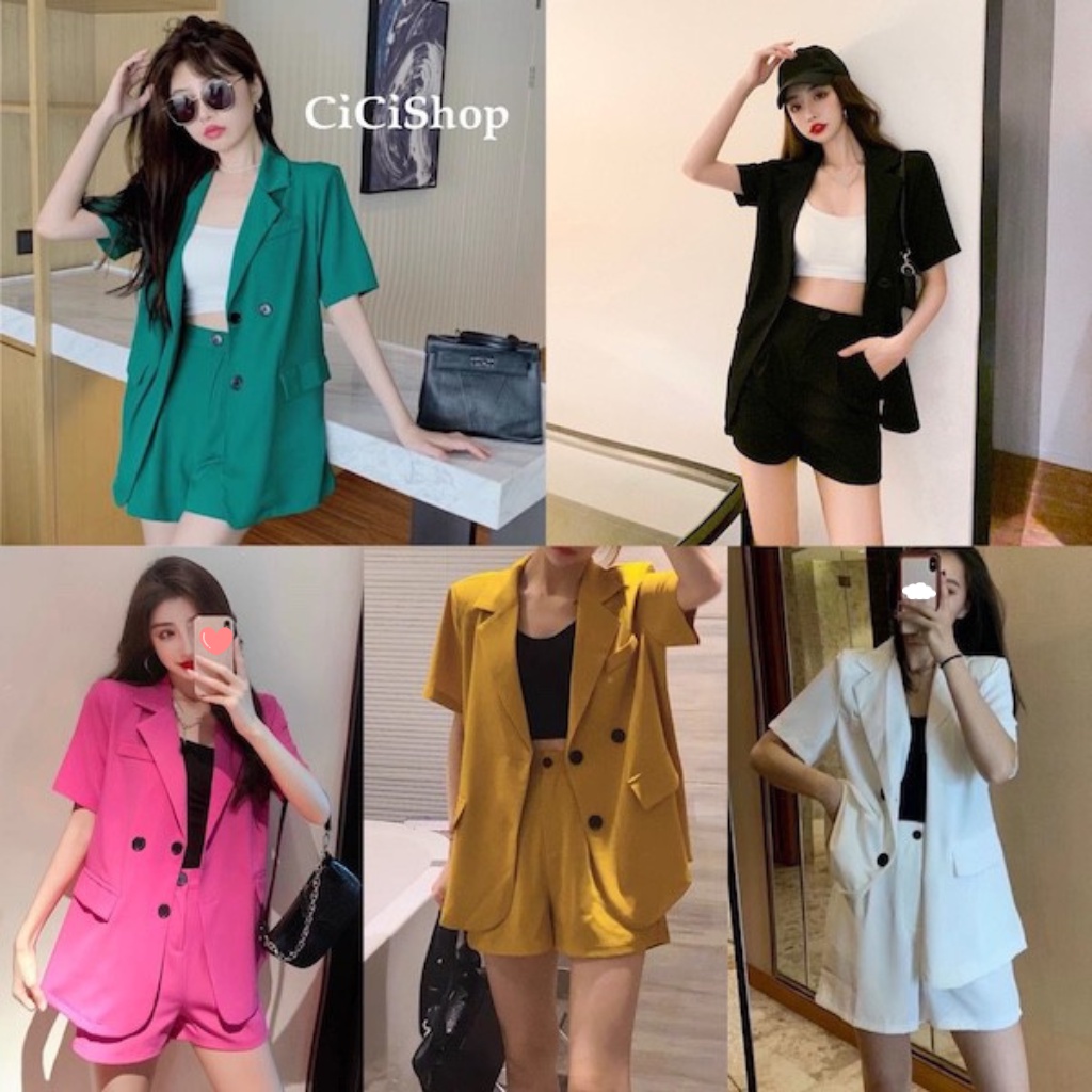 cicishop-2162-เซตเสื้อเบลเซอร์แขนสั้น-กางเกงขาสั้น-รุ่นนี้ผ้าดีมาก-ใส่จับคู่เป็นเซตดูแพงสุดๆ