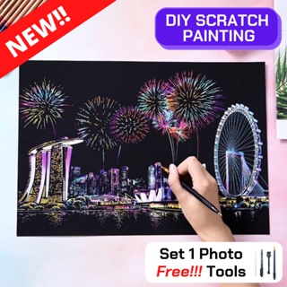 สินค้า DIY Scratch Painting ภาพขูดสีทิวทัศน์ยามค่ำคืนของเมืองต่างๆ เสริมทักษะ ลดความเครียดและฝึกสมาธิ ภาพขูด ศิลปะยามว่าง