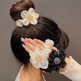 ยางมัดผมหางม้า ผ้าตาข่าย ลายดอกทานตะวัน แวววาว เครื่องประดับ สําหรับผู้หญิง