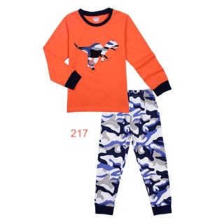 MAB-217 ชุดนอนเด็กผู้ชาย ผ้าเนื้อบานิ่ม สีส้ม ลายไดโน 🚒 พร้อมส่งด่วนจาก กทม.🇹🇭