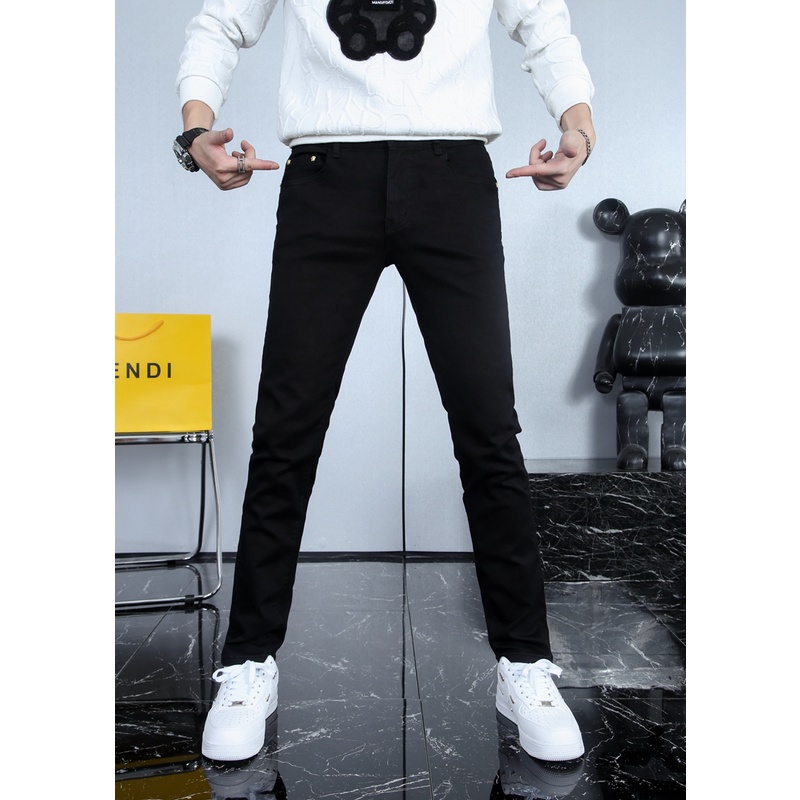 กางเกงยีนส์ผู้ชายแฟชั่นยุโรป-ทรงสลิม-2-สี-ขาวดำ-พิมพ์ลายพรีเมี่ยม-casualdenim