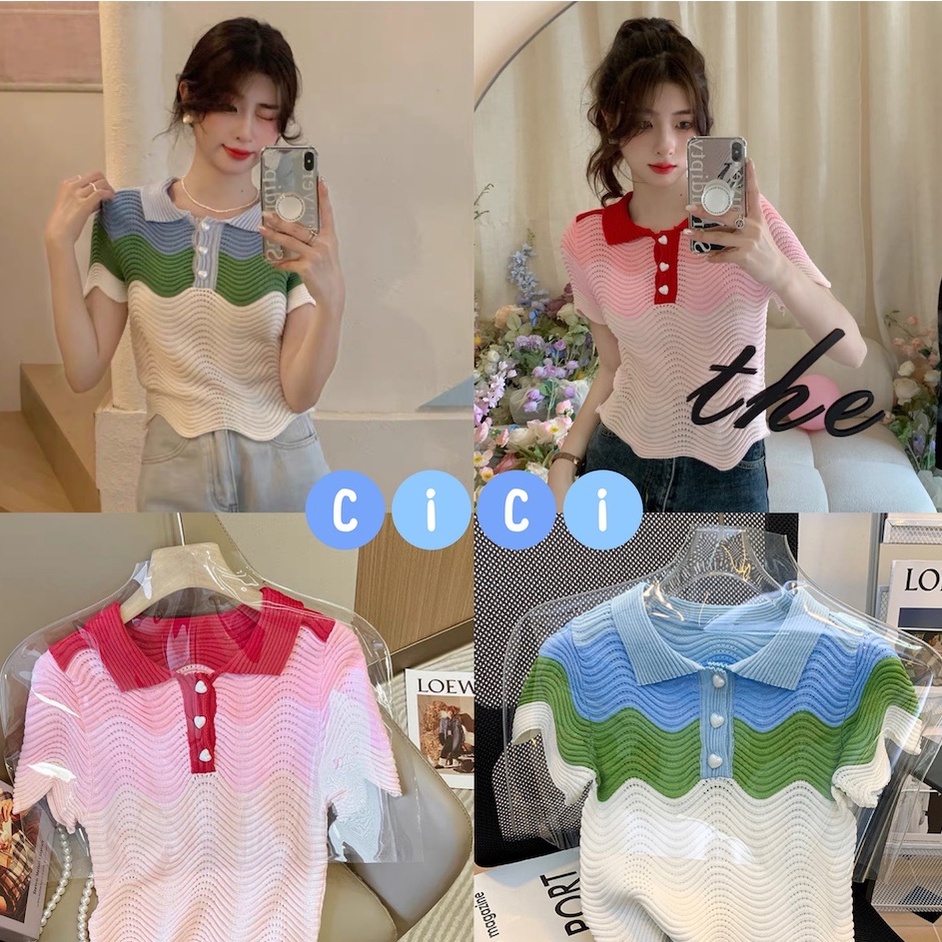 cicishop-bz1202-เสื้อไหมพรมแขนสั้น-ดีเทลร่องคลื่น-สีทูโทนน่ารักสดใส-ผ้านุ่มยืดได้เยอะ