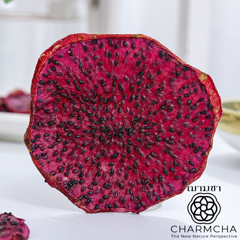 แก้วมังกร-red-dragon-fruit-ชาผลไม้-ใช้ตกแต่งเครื่องดื่มอาหารได้-ฌามชา-แก้วมังกรสไลด์-แก้วมังกรอบแห้ง-ตกแต่ง-charmcha