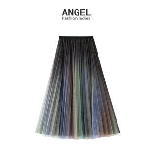 [3 สี] ANGEL แฟชั่นผู้หญิงกระโปรง midi ตาข่ายไล่ระดับสีเกาหลียืดหยุ่นสูงเอวบางแกว่งกระโปรงตูตูกระโปรงเค้กยาวสําหรับผู้หญิง
