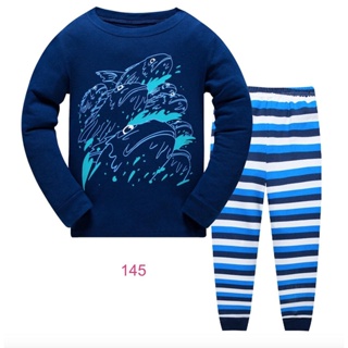 L-FAB-145 ชุดนอนเด็กชาย แนวเข้ารูป Slim Fit ผ้า Cotton 100% เนื้อบาง สีฟ้า ลายปลาฉลาม