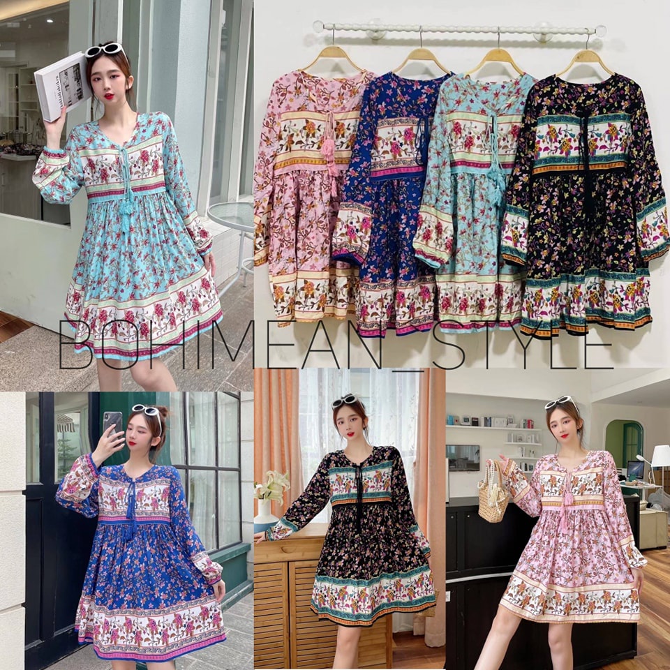 mini-dress-bohemian-มินิเดรสลายดอกไม้สไตล์โบฮีเมียน-ชุดเดรสผู้หญิงใส่เที่ยวคาเฟ่