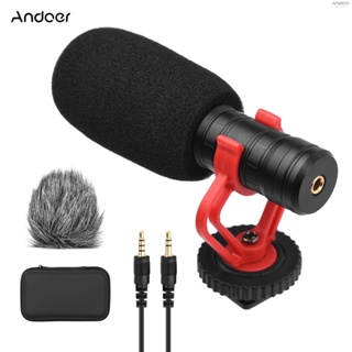 Andoer ไมโครโฟน คอนเดนเซอร์ พร้อมพอร์ตฟองน้ํา 3.5 มม. กันตก และกระเป๋าเก็บกระจกหน้า เข้ากันได้กับโทรศัพท์ กล้องบันทึกวิดีโอ สัมภาษณ์