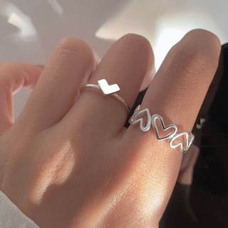 ชุดแหวนนิ้วชี้ รูปหัวใจ ฉลุลาย ปรับได้ แฟชั่นเรียบง่าย สําหรับผู้หญิง จํานวน 2 ชิ้น