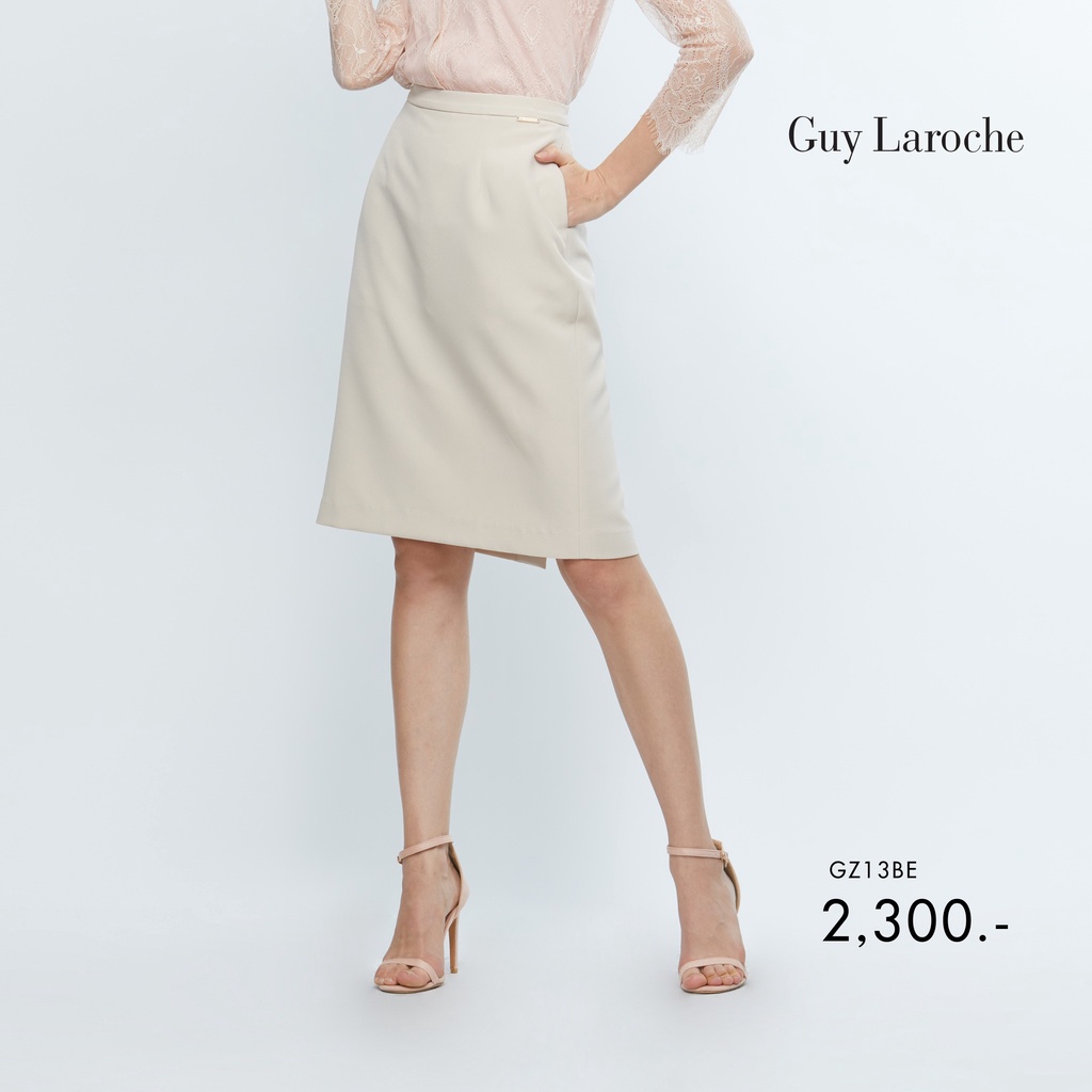 guy-laroche-skirt-กระโปรงทำงานสีเบจ-ความยาวคลุมเข่า-ดีเทลขอบเอวติดกระดุม-ซิปซ่อน-gz13be