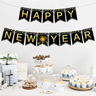 แบนเนอร์ ลายตัวอักษร Happy New Year สีดํา สีทอง สําหรับตกแต่งปาร์ตี้ปีใหม่ 2024