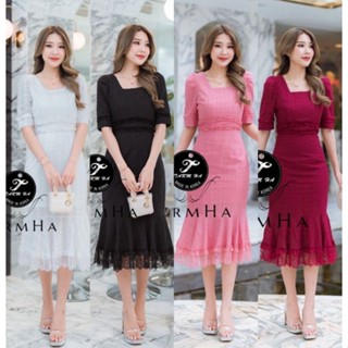 งานบุญ งานบวช!!! S-6XL Dress เดรสสีขาวคอเหลี่ยมชายระบายลูกไม้ งานป้าย Tarm Ha