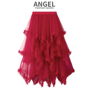 สินค้า [11 สี] ANGEL แฟชั่นผู้หญิงกระโปรง midi ตาข่ายสีทึบเกาหลียืดหยุ่นสูง A-line สีแดงบางแกว่งขนาดใหญ่กระโปรงตูตูกระโปรงเค้กยาวไม่สม่ําเสมอสําหรับผู้หญิง