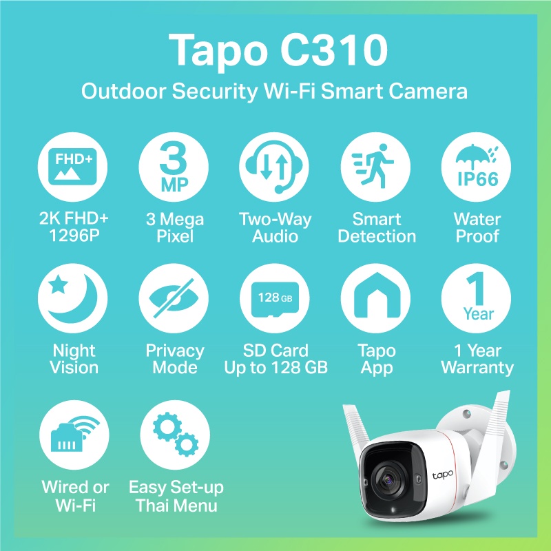 ภาพสินค้าTP-Link Tapo C310 Outdoor Security Wi-Fi Camera กล้องไวไฟอัจฉริยะ 3 MP ใช้งานภายนอก กันน้ำ/กันฝุ่น IP66 ใช้ได้ในที่มืด รับประกัน 2 ปี จากร้าน tplink_thailand บน Shopee ภาพที่ 2