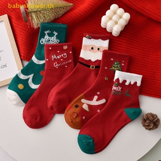Shower ถุงเท้าผ้าฝ้าย แบบนิ่ม พิมพ์ลายซานตาคลอส คริสต์มาส หิมะ น่ารัก ให้ความอบอุ่น สําหรับเด็กผู้หญิง 1 คู่