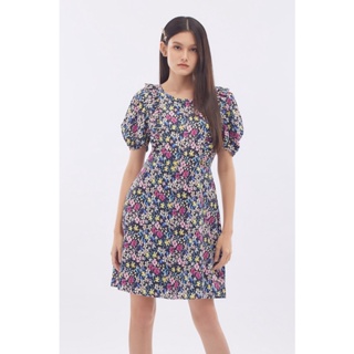 EP เดรสสั้นลายดอกไม้แต่งระบาย ผู้หญิง สีดำ | Floral Print Dress with Ruffle Detail | 0802