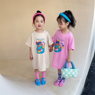 onekid😍เสื้อผ้าเด็กผ้าฝ้าย100% เด็กผู้หญิงเด็กเล็กกลางและเล็ก2022ฤดูร้อนใหม่สไตล์เกาหลีแบบบางพิมพ์ลายเสื้อยืดความยาวปาน