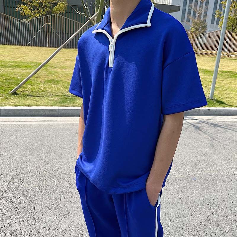 klein-ชุดเสื้อสเวตเตอร์สีน้ำเงินสำหรับผู้ชายชุดกีฬาลำลองแบบหลวมๆแบบมีสไตล์สำหรับฤดูร้อน