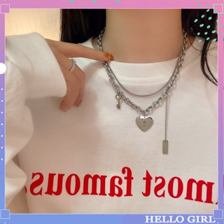 Hello Girl สร้อยคอโซ่สองชั้น จี้รูปหัวใจ สไตล์เกาหลี ฮิปฮอป สําหรับผู้หญิง