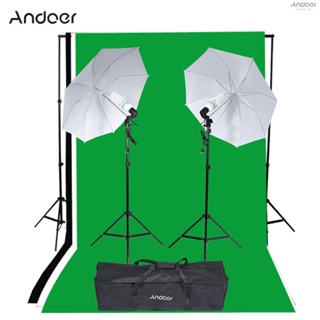 Andoer ชุดอุปกรณ์เต็นท์ไฟถ่ายภาพสตูดิโอ (หลอดไฟ 135W 2 ชิ้น ที่ใส่หลอดไฟ 2 ชิ้น ร่มสะท้อนแสง 2 ชิ้น ฉากหลัง 3 ชิ้น และฐานหลอดไฟ 1 ชิ้น