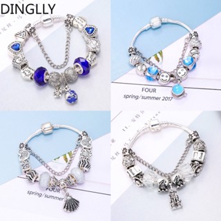 Dinglly สร้อยข้อมือลูกปัดคริสตัล สีฟ้า สําหรับผู้หญิง DIY สีเงิน ลูกปัดหัวใจ สร้อยข้อมือเด็ก