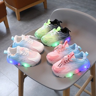 รองเท้าผ้าใบ รองเท้าวิ่ง พื้นนิ่ม มีไฟ LED ไล่โทนสี เรืองแสง สําหรับเด็กผู้ชาย และเด็กผู้หญิง