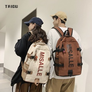 TAIDU กระเป๋านักเรียนของนักศึกษาใหม่กระเป๋าสะพายหลังพิมพ์ลายตัวอักษรขนาดใหญ่สำหรับผู้ชายและผู้หญิงสไตล์เครื่องมือสำหรับการเดินทางก