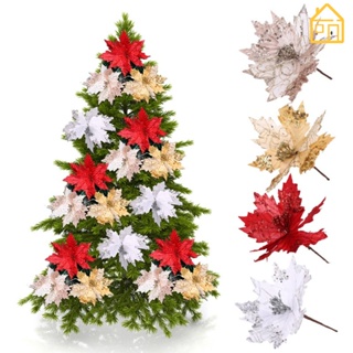 Artificial Fake Flowers Merry Christmas Wreaths Decor Xmas Tree Gold Glitter Decorative Flowers New Year Gifts