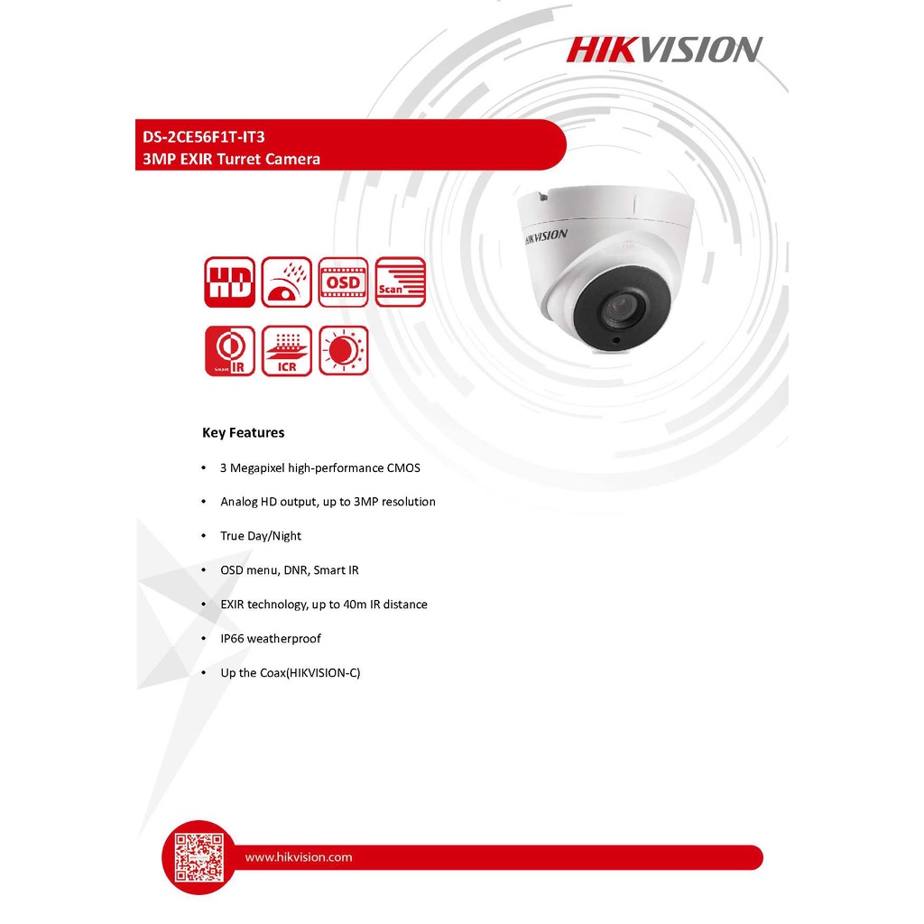 กล้องวงจรปิด Hikvision รุ่น DS-2CE56F1T-IT3 3MP EXIR Turret Camera ...