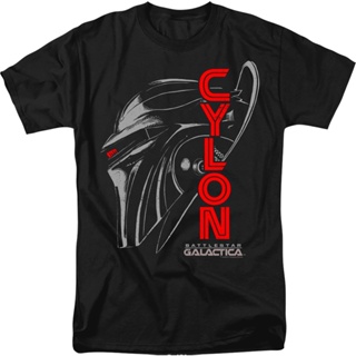 Cylon Head Shot Battlestar Galactica T-Shirt เสือยืดผู้ชาย เสื้อยืดสีขาว เสื้อคู่วินเทจ